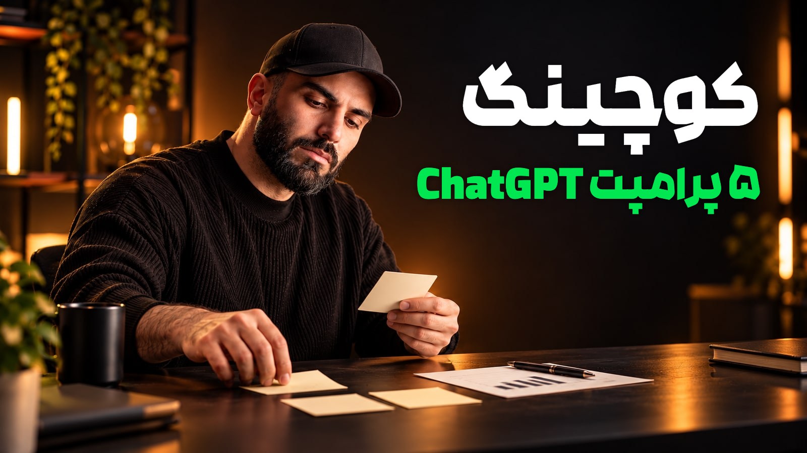 محمد بیباک در حال بررسی کارتهای هدف و نمودار روی میز، با عنوان «کوچینگ؛ ۵ پرامپت ChatGPT»