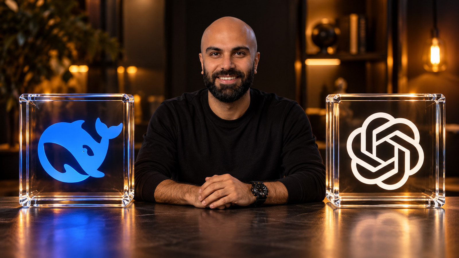 محمد بی‌باک میان دو قاب شیشه‌ای شفاف؛ لوگوی DeepSeek در چپ و ChatGPT در راست