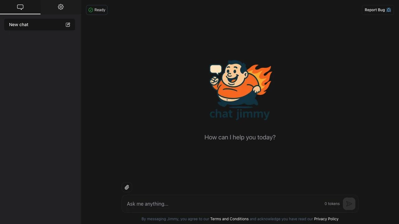 تصویر واقعی ChatJimmy با وضعیت Ready، نشان محصول و کادر شروع گفتوگو