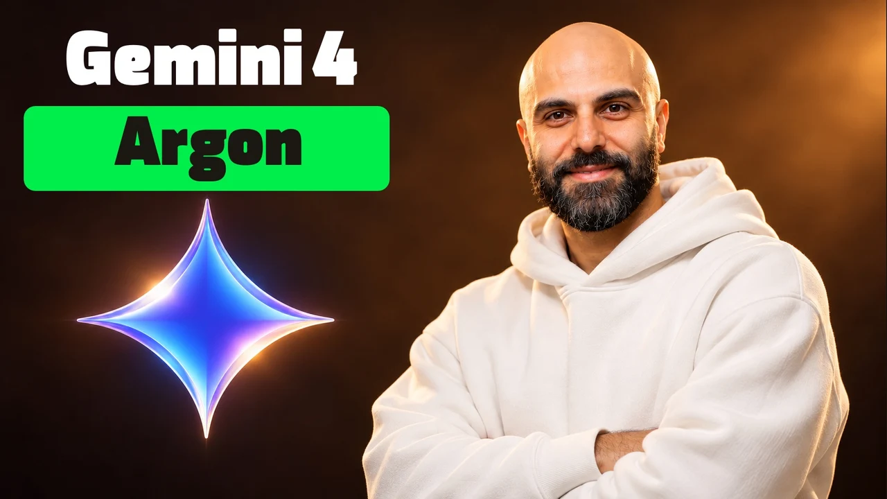 محمد بی‌باک با هودی سفید اورسایز و دست‌های روی‌هم در سمت راست، نشان Gemini در سمت چپ و تیتر «Gemini 4 Argon» با مستطیل سبز