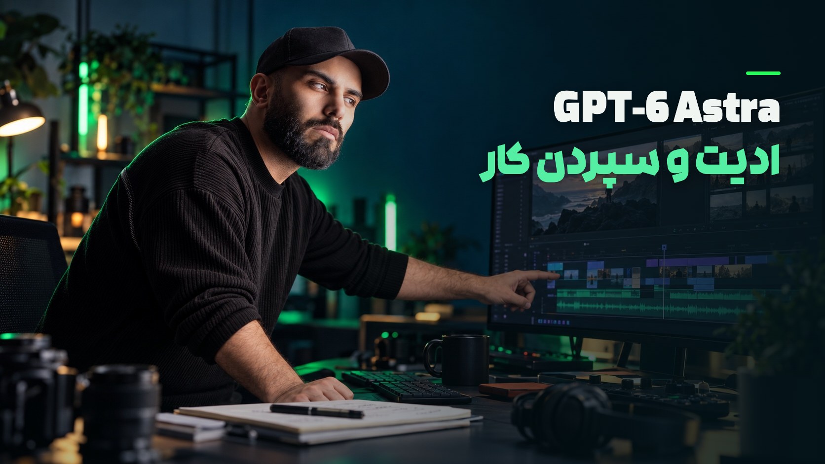 محمد بی‌باک کنار میز تدوین به تایم‌لاین چندلایهٔ ویدیو روی مانیتور اشاره می‌کند