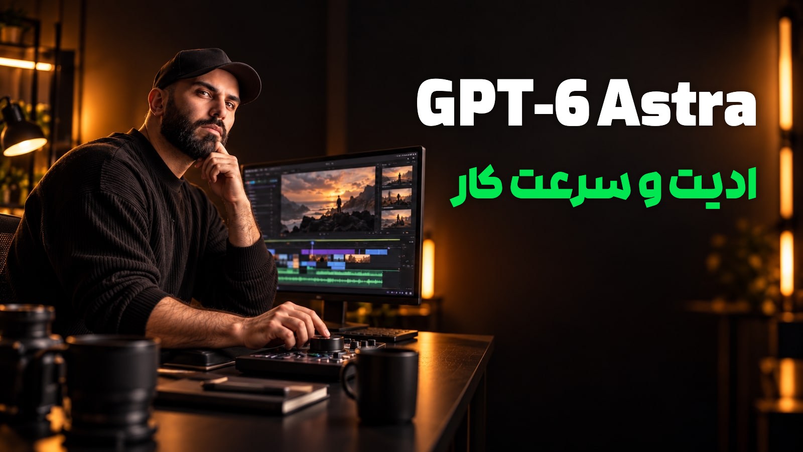 محمد بیباک کنار مانیتور تدوین و کنترلر ویدیو، با عنوان «GPT-6 Astra؛ ادیت و سرعت کار»
