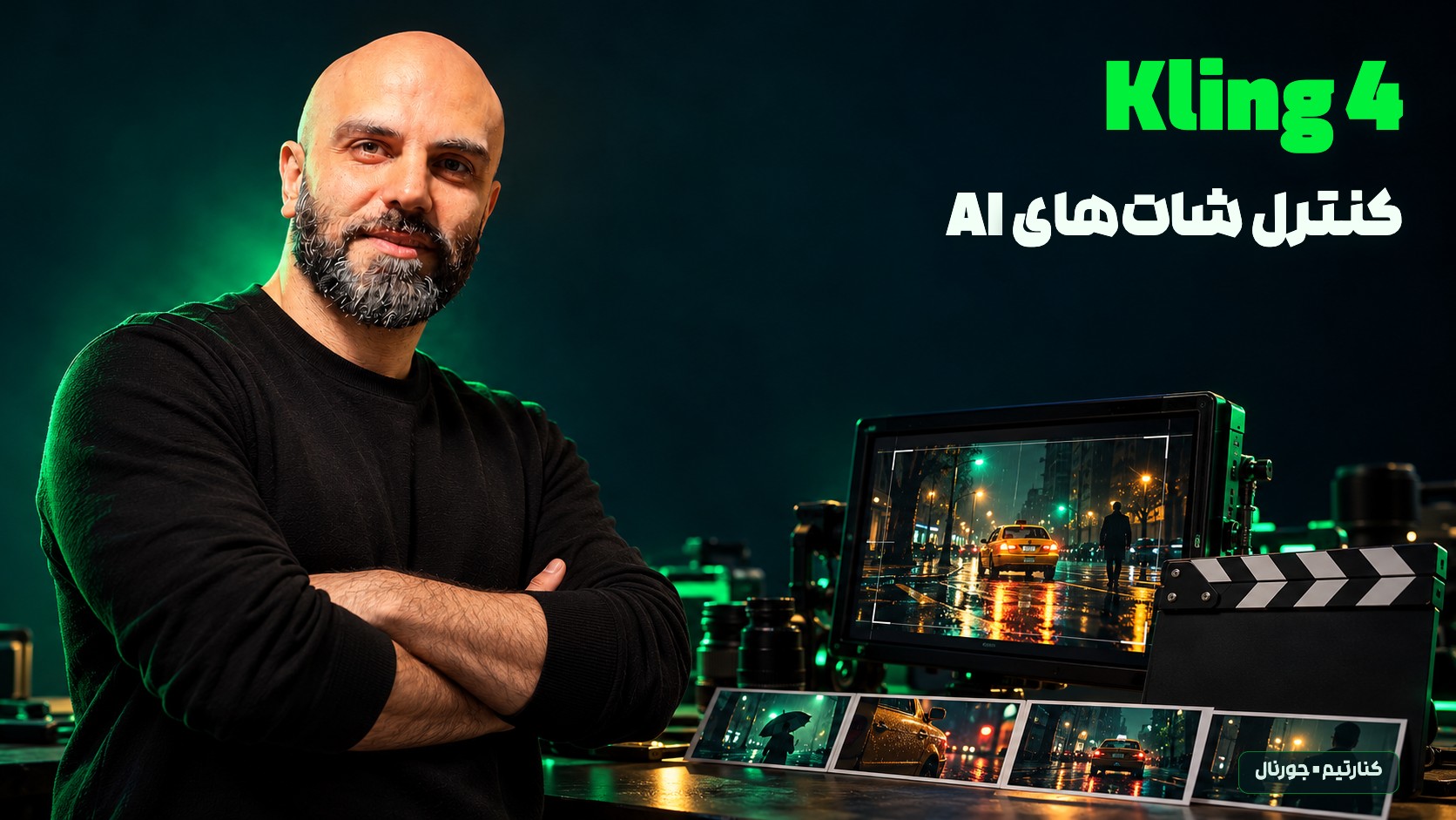 محمد بی‌باک با دست‌های جمع‌شده کنار مانیتور سینمایی و کلاکت، با تیتر سبز Kling 4 و نوشتهٔ کنترل شات‌های AI با فونت رخ