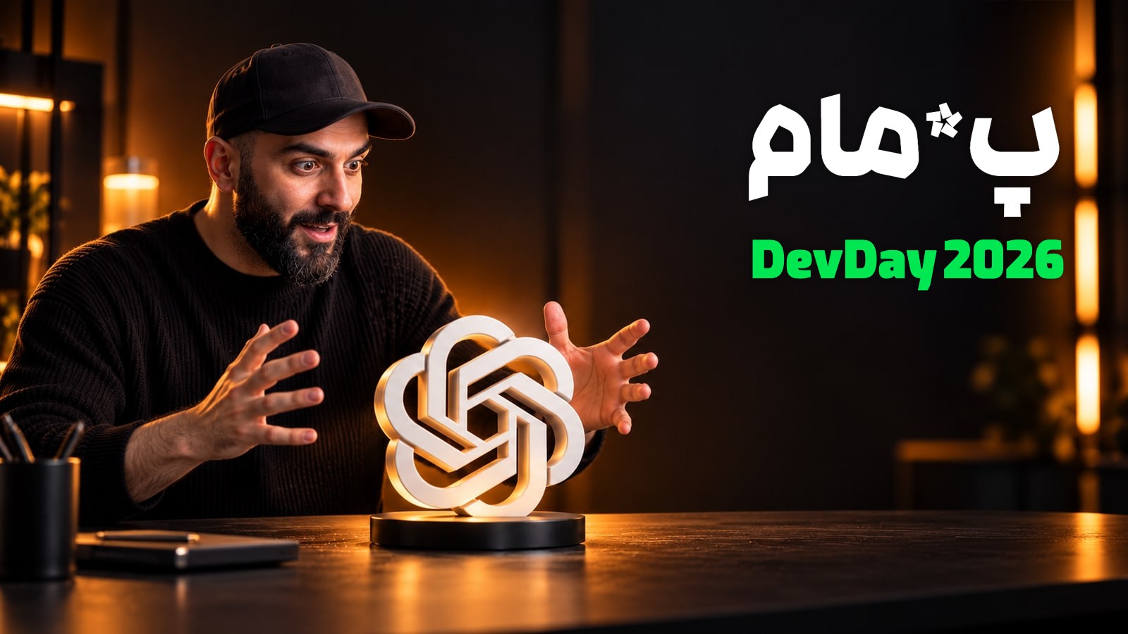 محمد بیباک در استودیوی گرم کنار نشان ChatGPT؛ تیتر «پ*مام» و DevDay 2026 روی تصویر است