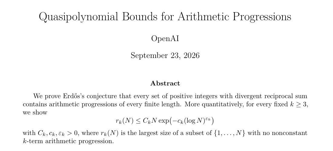 تصویر واقعی عنوان و چکیدهٔ مقالهٔ Quasipolynomial Bounds for Arithmetic Progressions از OpenAI، با تاریخ ۲۳ سپتامبر ۲۰۲۶ و فرمول کران پیشنهادی