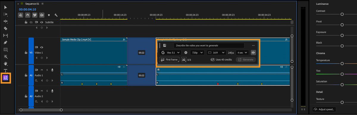 اسکرینشات واقعی Premiere در راهنمای Adobe؛ پرامپت، منوی مدل Veo، کیفیت، نسبت تصویر، مدت، مرجع و اعتبار در نوار تولید