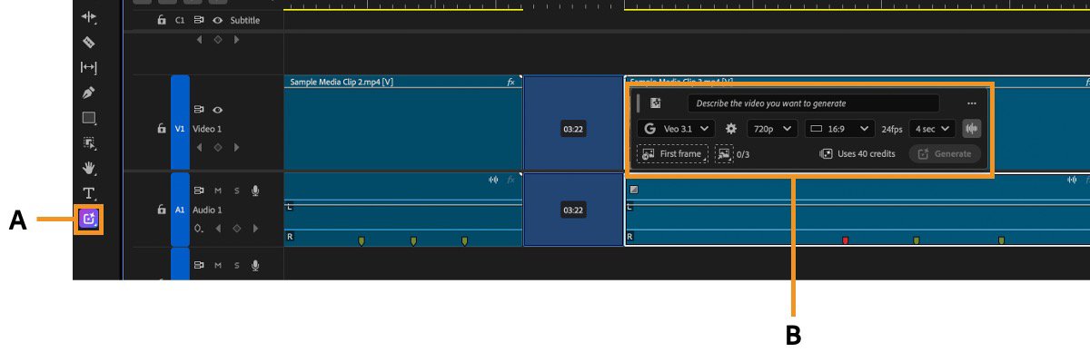 تصویر واقعی راهنمای Adobe: علامت A ابزار Generative Media و علامت B نوار تولید رسانه در تایملاین Premiere را نشان میدهد