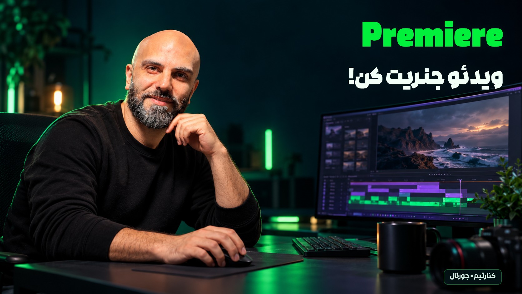 محمد بی‌باک پشت میز تدوین با مانیتور و تایم‌لاین در فضای تیره و سبز، تیتر Premiere؛ ویدئو جنریت کن با فونت رخ