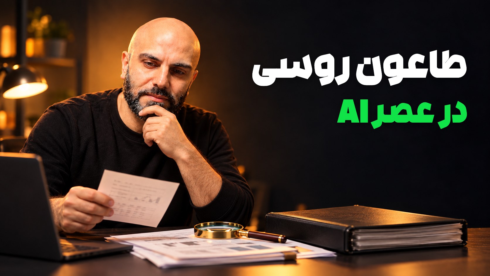 محمد بیباک در استودیویی تاریک و گرم، در حال بررسی برگهٔ پژوهشی کنار ذرهبین و پوشه؛ تیتر «طاعون روسی در عصر AI» در سمت راست تصویر